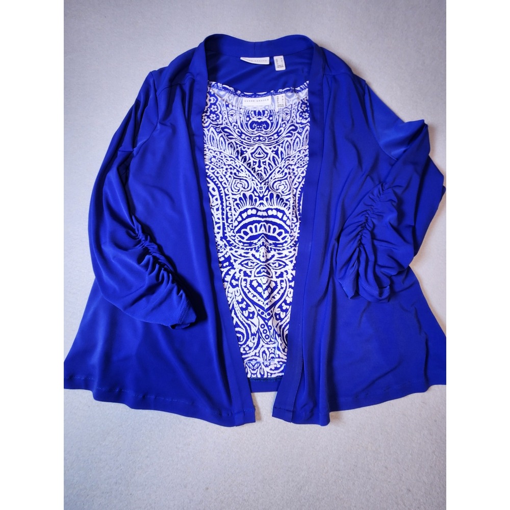Susan Graver Knit 2pc Set Royal Blue Paisley Tank Open Front Cardigan M